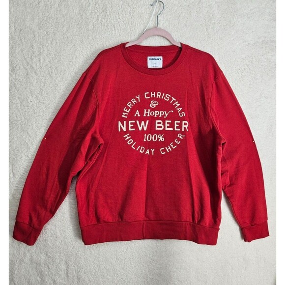 Old Navy Men Sweater Extra Large Red Fleece Long Sleeve Merry Christmas Pullover - Picture 1 of 16
